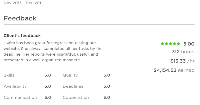 Saira has been great for regression testing our website. She always completed all her tasks by the deadline. Her reports were insightful, useful, and presented in a well-organized manner."